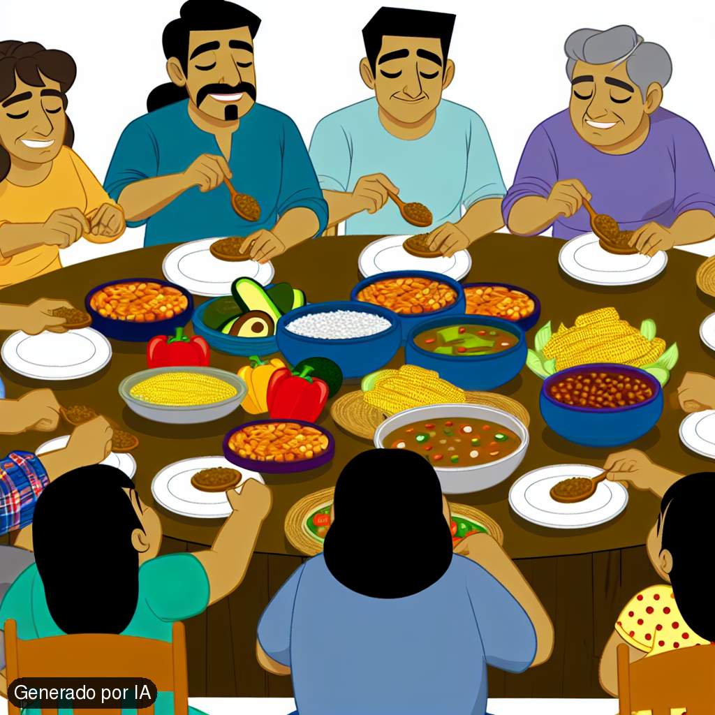 An everyday scene of Hispanic men and women enjoying nourishing food. They are sitting around a table laden with wholesome dishes like corn, beans, chili peppers, avocados, tomatoes, and tortillas. The scene is not an animated or cartoon style, but appears real and candid. Spectators could notice the delight on their faces as they savor their food, chat, and share a meal together. - Generado por IA
