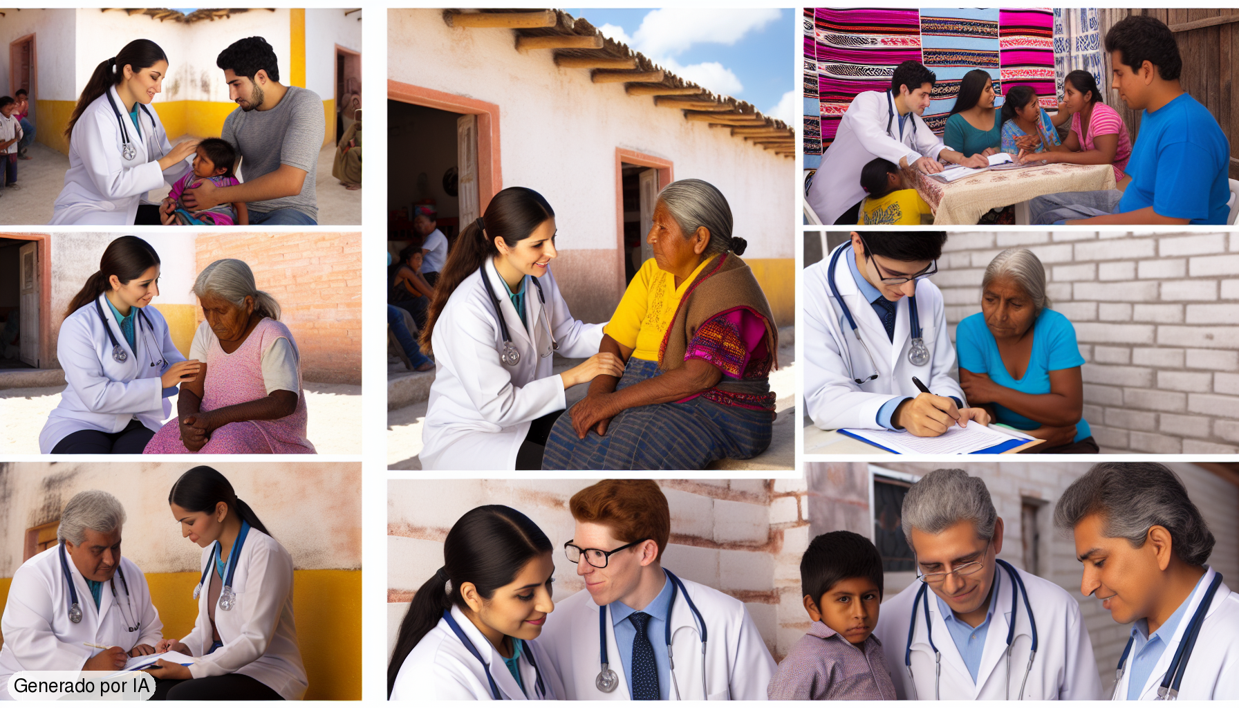 An image depicting a scene in a small Mexican village where doctors from an international humanitarian organization are at work. They are interacting with patients of varying characteristics. Among them, a Middle-Eastern male doctor is talking to an old Hispanic woman about her health. Another scene shows an Caucasian female doctor respectfully listening to a family's medical history. A Black male doctor is seen attending to a child's injury with kindness and care. The South Asian female doctor is seen discussing medical reports with local medical staff. This image should reflect the caring and respectful environment Medical teams create in such places. - Generado por IA