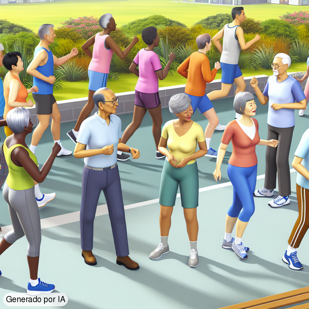 A detailed scene featuring a group of elderly individuals engaging in physical activity to promote their health. Depict a diverse spectrum of folks by varying the ethnic backgrounds: Caucasian, Hispanic, Black, Middle-Eastern, South Asian. Portray an equal mixture of genders. Display them partaking in various activities, running, tai chi, or yoga, which can be indicative of their vibrant health and high spirits. The location can be a park or a seniors' community center, filled with greenery and sunlight, supporting a positive and active atmosphere. - Generado por IA